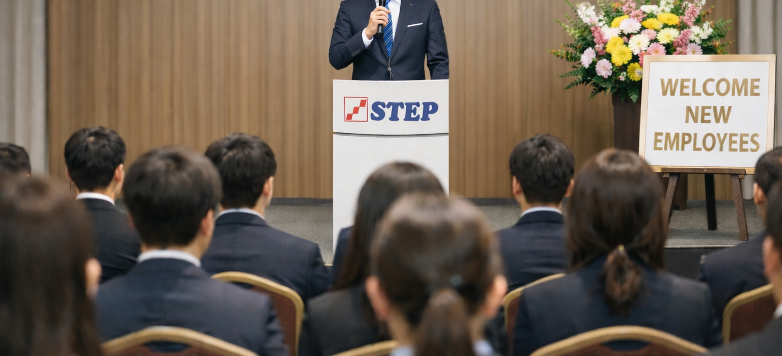 入社式の会場イメージ（演台・案内ボード）